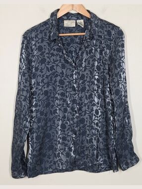 Vtg 90s Y2K Kathie Lee Blue Gray Shiny Burnout Floral Button Up L Fairy Grunge